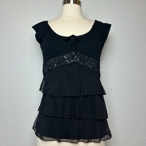 Black Baby Baby Doll Top Women's S Chiffon Tiered Ruffle Sequins Embellished